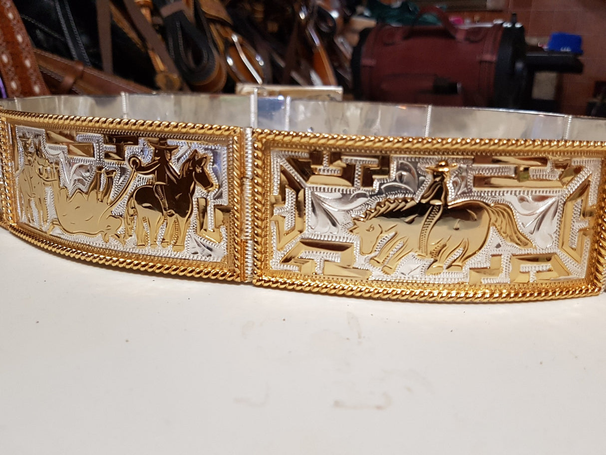 Cinto chapeado en oro modelo suertes charras - Tiendacharra.com - Bodega Tienda Charra
