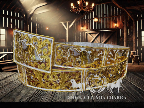 Cinto chapeado en oro modelo Caballo Friesian - Tiendacharra.com - Bodega Tienda Charra
