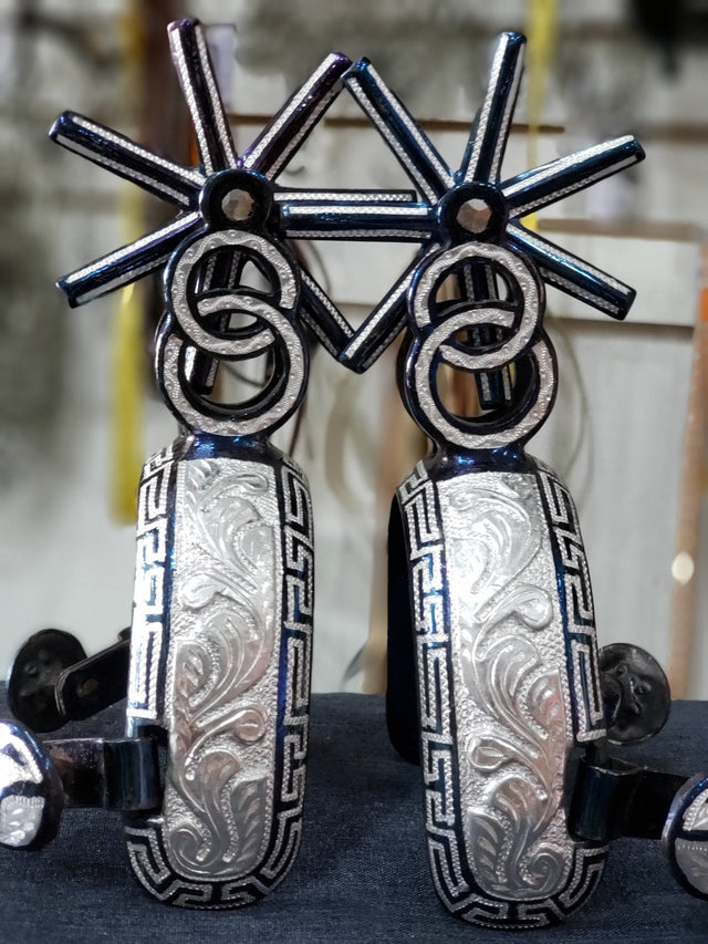 Espuela amozoqueña grande pavón azul incrustación en aluminio - Tiendacharra.com - Bodega Tienda Charra